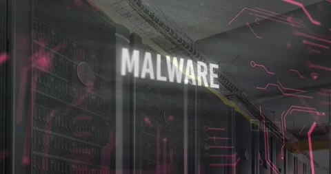 Animation of malware text, binary codes and circuit board pattern over server Stock Footage 246909267
