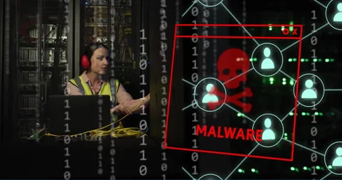 Animation of malware text, binary coding and caucasian female it engineer by Stock Footage 265551664