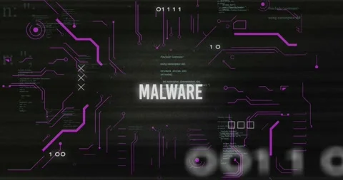 Animation of malware text in circuit board pattern over binary codes and Stock Footage 235488153