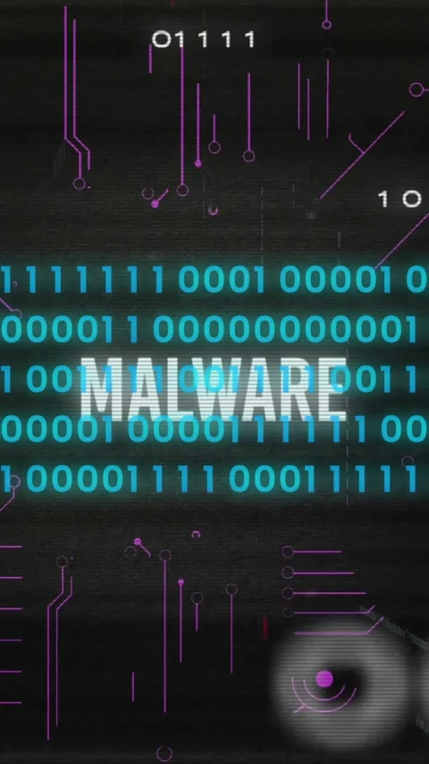 Animation of malware text with computer circuit board over data processing on Stock Footage 342996706