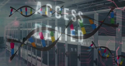 Animation of malware text, dna strands and data processing over computer Stock Footage 329709494