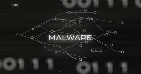 Animation of malware text with network connections over binary code background 스톡 동영상 304645080
