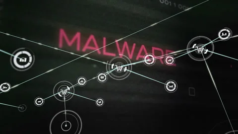 Animation of malware text, network of connections with shopping trolley icons Stockbeeldmateriaal 308502636