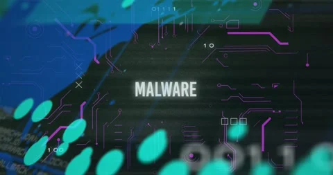 Animation of malware text over graphs, binary codes and map against black Stock Footage 242067676