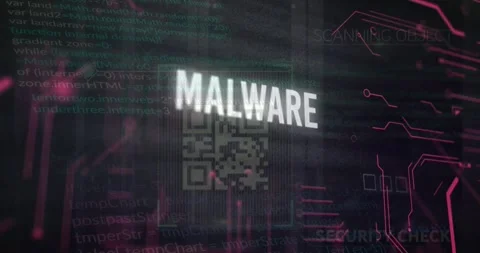 Animation of malware text over motherboard and data processing Stock Footage 329031131