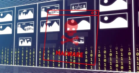 Animation of malware text with skull and bones, binary coding and data Stock Footage 265551632