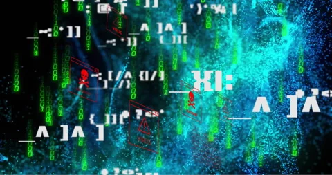 Animation of malware text with skull and bones, binary coding and data Stock Footage 265551719