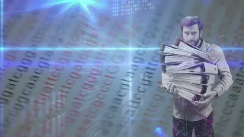 Animation of man carrying stack of office files with digital coding and data Stock Footage 146932171