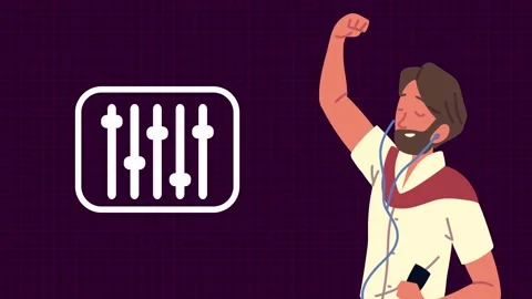Animation of a man listening to music while sliders represent audio equaliz.. 動画素材 338403759
