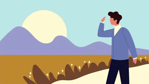 Animation of man looking at horizon with mountains and sun. Video stock 338314430