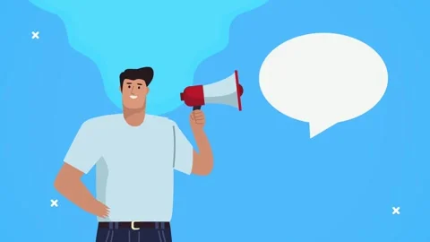 Animation of man with megaphone and empty speech bubble on blue background .. Stock Footage 338397119