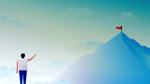 Animation of man pointing at flag on mountain top at dawn Stock Footage 279138607