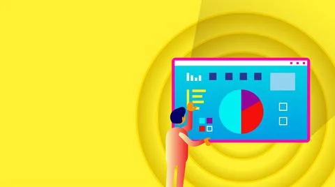 Animation of a man showing a graph with yellow background. Illustration. Иллюстрация