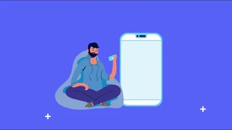 Animation of man sitting and holding credit card next to giant smartphone w.. Video stock 339068979