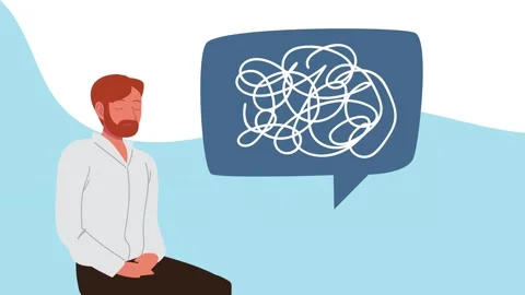 Animation of man with tangled thoughts and mental health stress. Stock Footage 334158931