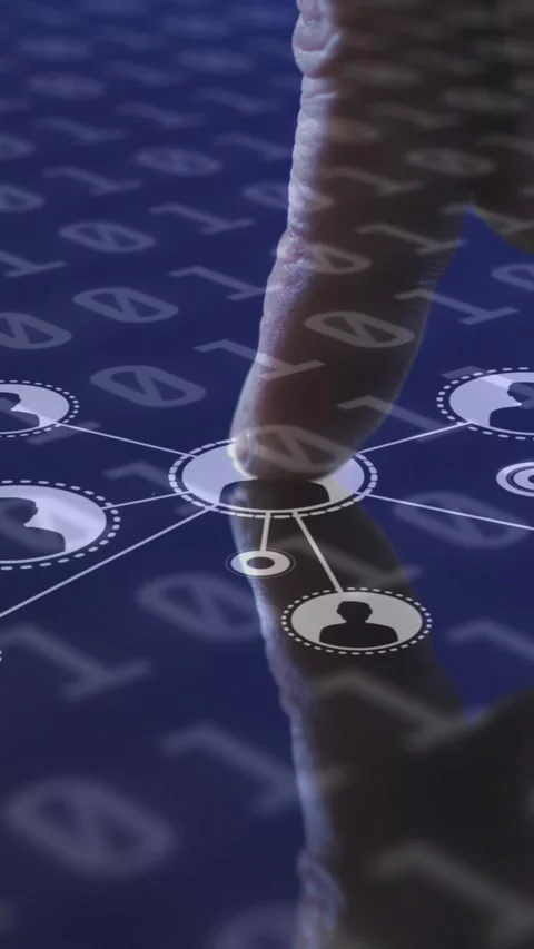 Animation of man touching interactive screen with network of people icons and Stock Footage 341918039