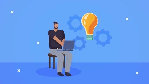 Animation of a man working on a laptop with rotating gears and a glowing li.. Video stock 339086232