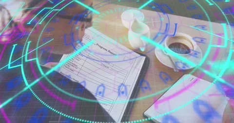 Animation of mandala pattern, overhead view of biracial woman writing in notepad Video stock 253478809