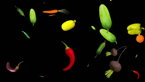 Animation of many falling different ripe, juicy vegetables Vidéo 141947000