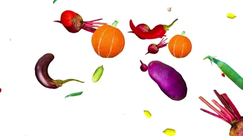 Animation of many falling different ripe, juicy vegetables on a white Vidéo 141947259