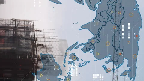 Animation of map and circuit board pattern over crane on under construction Stock Footage 313088607
