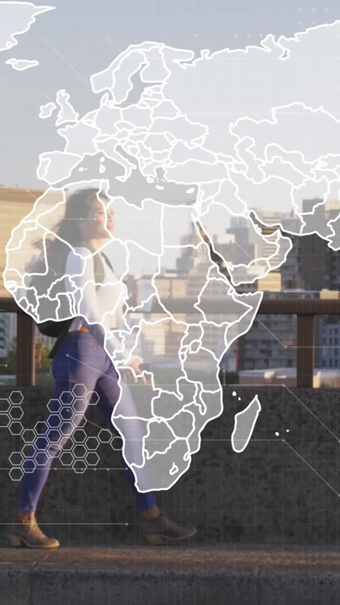 Animation of map and circuit board pattern, asian woman walking on bridge Vídeos de archivo 319223080