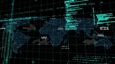 Animation of map and computer language with circuit board pattern on map over Stock Footage 247772959