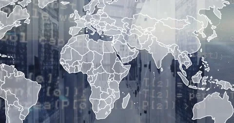 Animation of map and computer language over binary codes on server racks in 動画素材 247908600