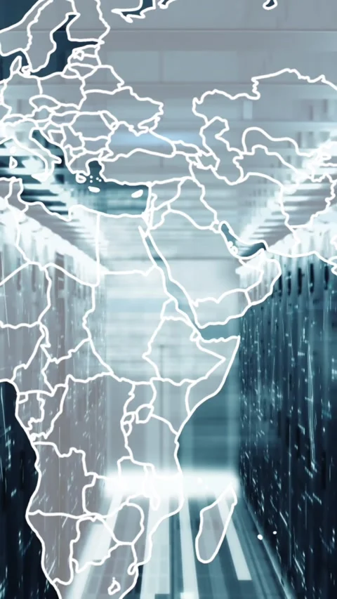 Animation of map and computer language over bars on data server racks in server Stock Footage 344693580
