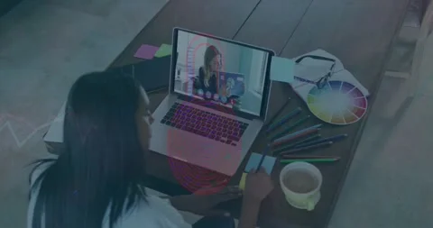 Animation of map and data processing over business people using computer Stock Footage 327586453