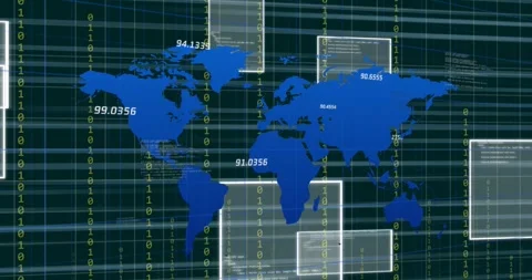 Animation of map and numbers with binary codes and computer languages on grid Stock Footage 249251906