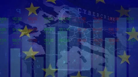 Animation of map of europe, padlock, data processing and flag of eu Stock Footage 329693379