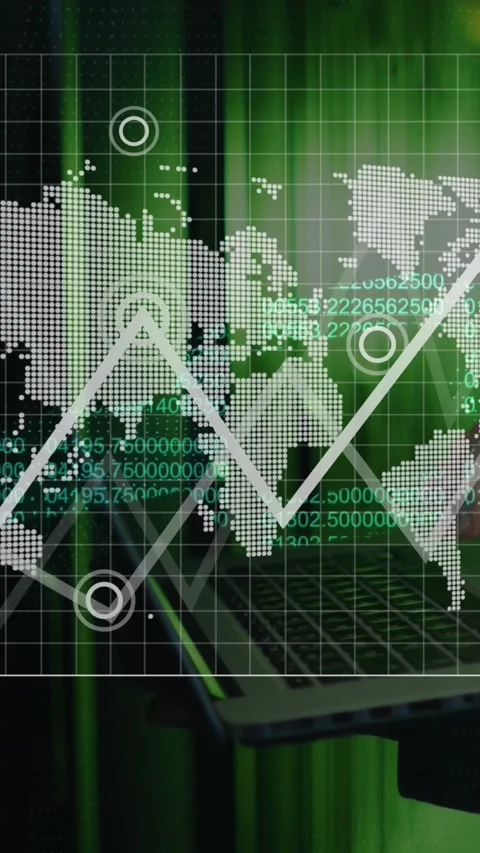 Animation of map, global, numbers forming blockchain, midsection of man using Stock Footage 321216366