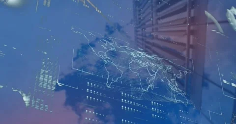 Animation of map, globe and loading bars over low angle view of building against Vídeos de archivo 244737888