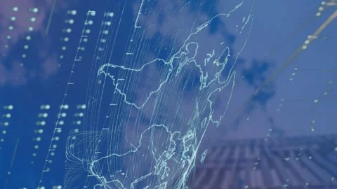 Animation of map, globe and loading bars over low angle view of building against Vídeos de archivo 312906180