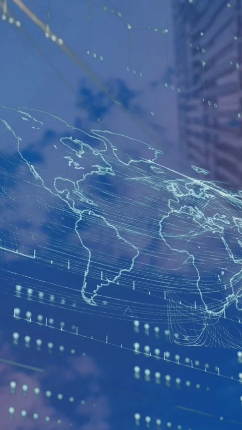 Animation of map, globe and loading bars over low angle view of building against Vídeos de archivo 321172040