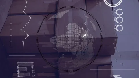 Animation of map, globe, loading circles, graph, computer language over Stock Footage 312718029