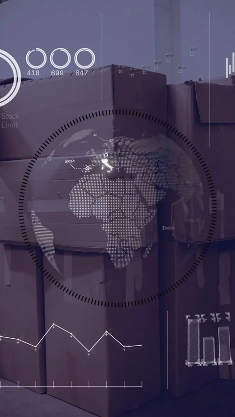 Animation of map, globe, loading circles, graph, computer language over Stock Footage 320983402