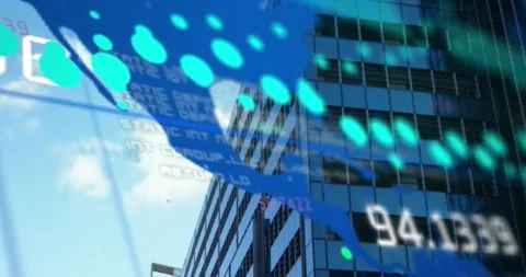 Animation of map with numbers and dots moving over modern office building in Vídeos de archivo 249071240