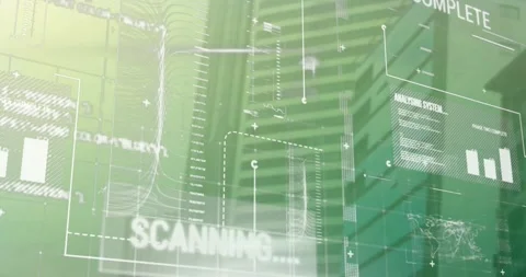 Animation of map, texts, graphs over computer language against modern building Vídeos de archivo 244738020