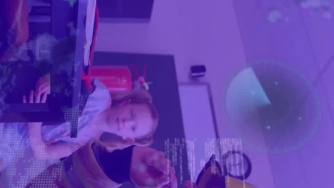 Animation of maps, radars and computer language over diverse firefighter talking Stock Footage 312533407