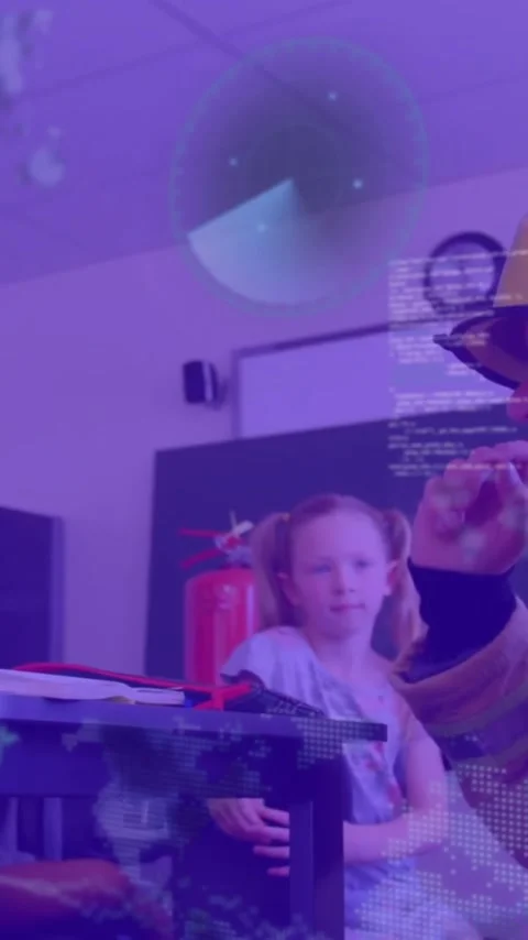 Animation of maps, radars and computer language over diverse firefighter talking Stock Footage 323579064