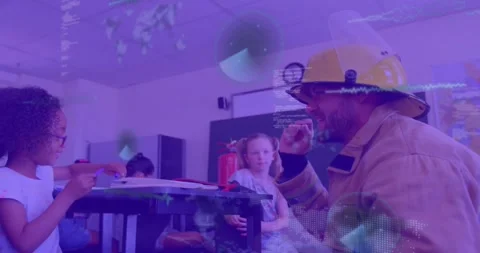 Animation of maps, radars and computer language over diverse firefighter talking Stock Footage 325704770