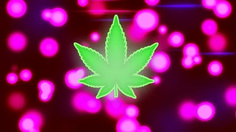 Animation with a marijuana leaf growing and glowing on pink and black bokeh Stock Footage 118835749