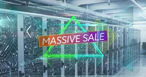 Animation of massive sale text banner over abstract neon shapes against computer Stock Footage 326036237