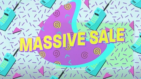 Animation of massive sale text over retro pattern and speech bubble Stock Footage 246527048