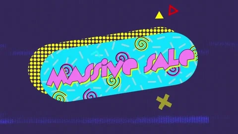 Animation of massive sale text over retro speech bubble and abstract pattern on Stock Footage 246533139