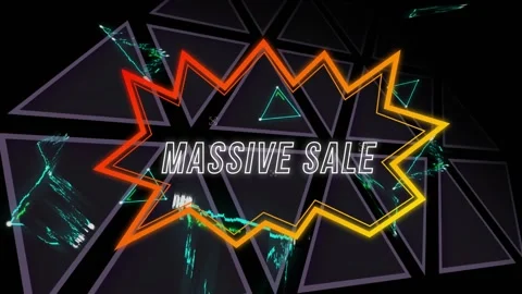 Animation of massive sale text in speech bubble over triangles against black Stock Footage 328360396