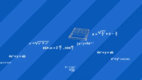 Animation of math concept icons and mathematical equations against blue striped Stock Footage 327713515