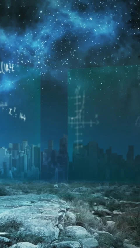 Animation of math data, cityscapes on screens and clouds on black background Stock Footage 342805746